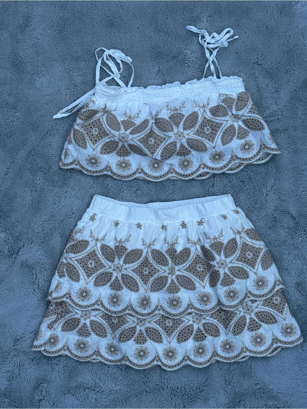 ILLA ILLA White Eyelet Mini Skirt with Tan Embroidered Detail